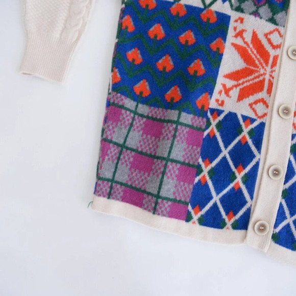 Cider Cream &  Blue Floral Argyle Knit Button Up Sweater L - Picture 6 of 12